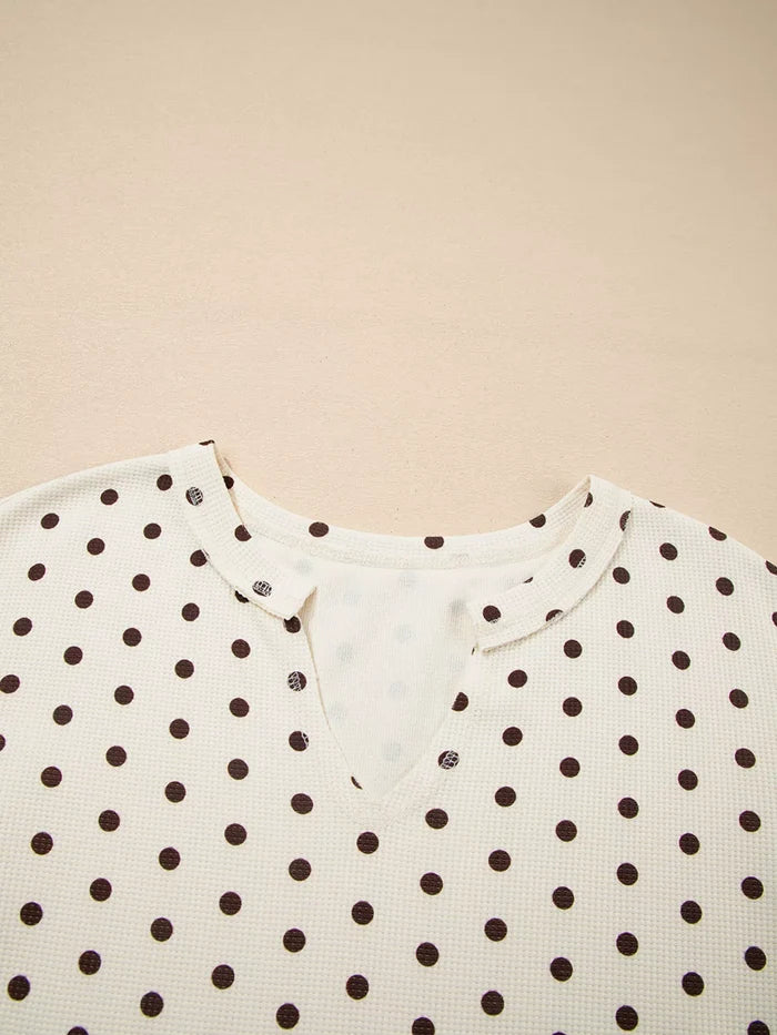 Polka Dot Notched Long Sleeve Top and Drawstring Joggers Lounge Set