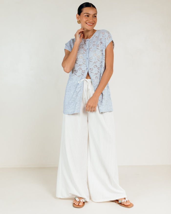 Poppy Lace Top in Blue - Button Down Front Breastfeeding Access - The Lullaby Club