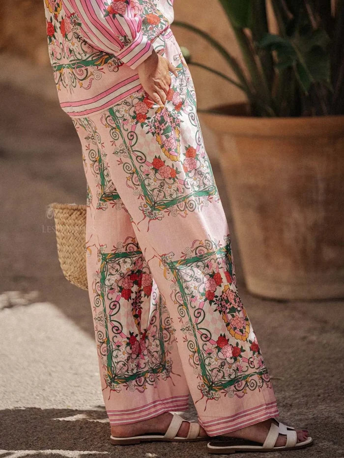 Printed Button Up Shirt and Pants Set