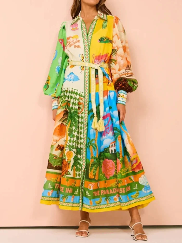 Printed Lantern Sleeve Midi Shirt Dress