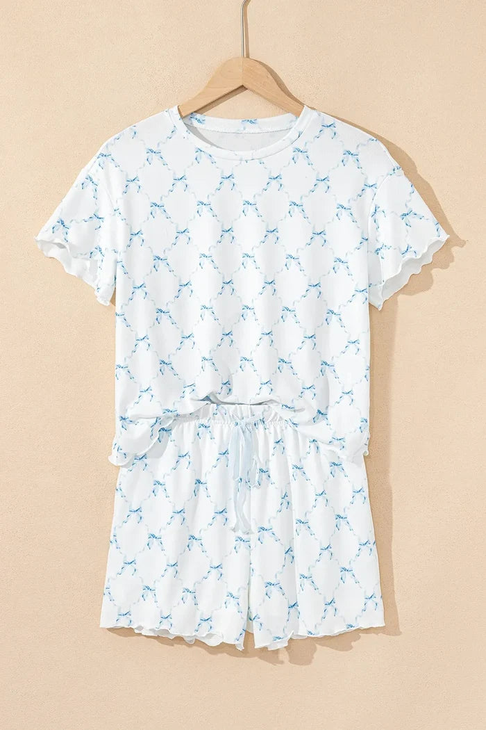 Printed Round Neck Top and Shorts Two-Piece Lounge Set