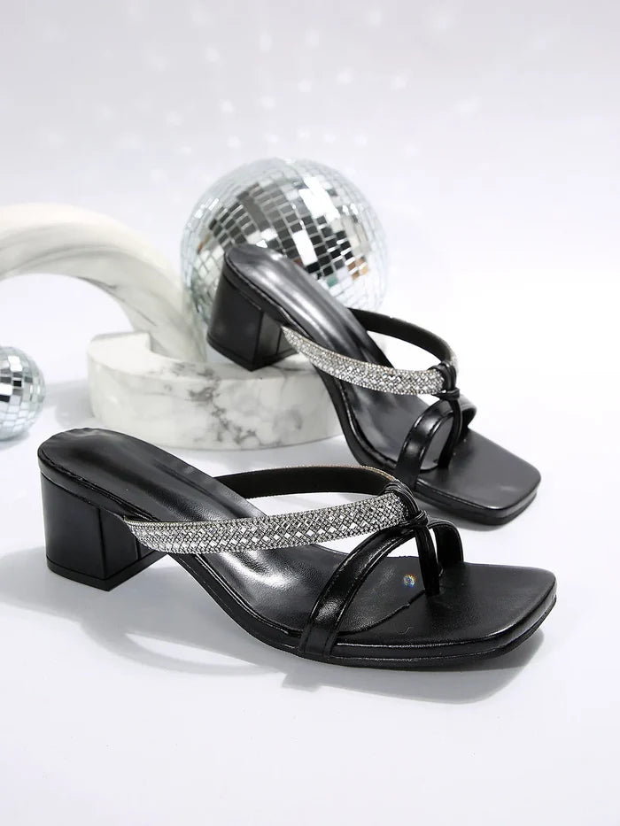 Rhinestone Embellished Block Heel Sandals