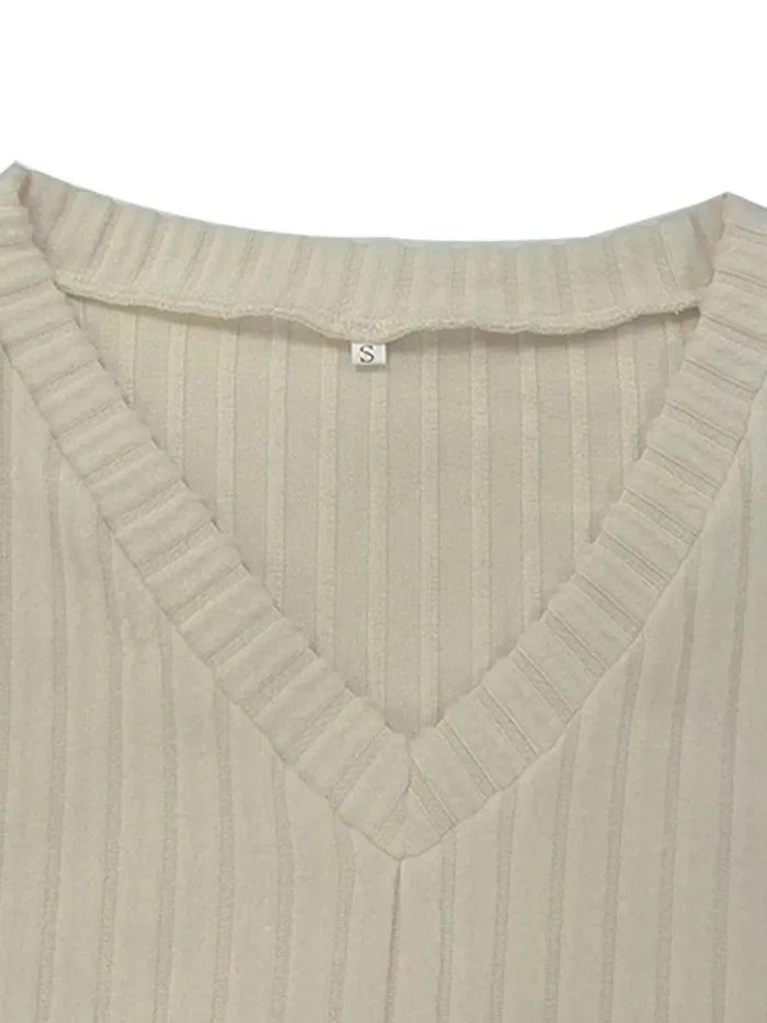 Ribbed Knit V-Neck Top and Pants Lounge Set