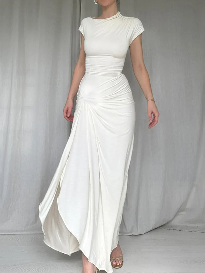 Ruched Slit Cap Sleeve Maxi Dress