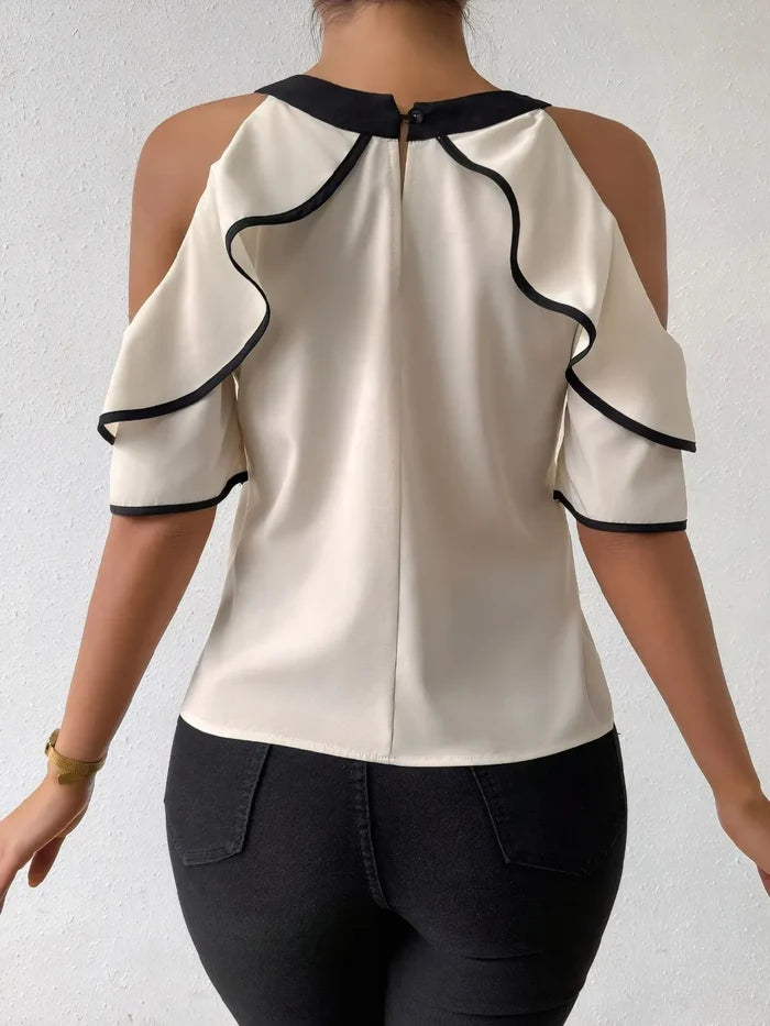 Ruffled Contrast Trim Cold Shoulder Blouse
