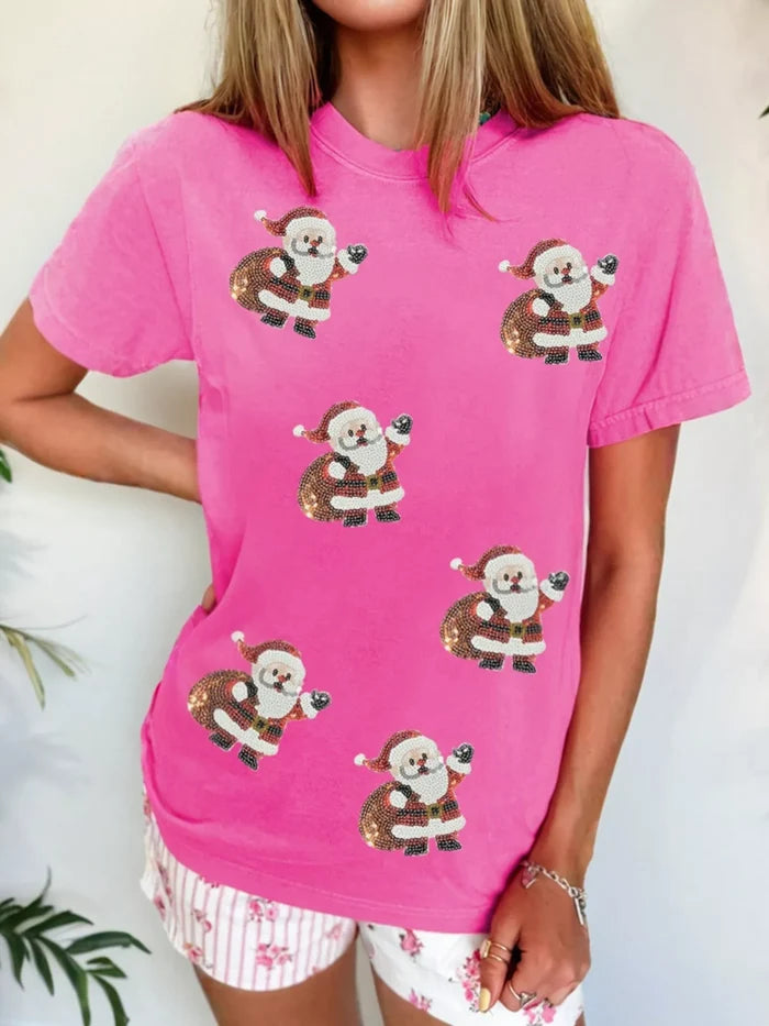 Santa Claus Deliver Gifts Sequin Short Sleeve Tee
