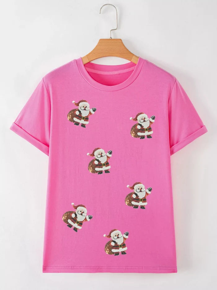 Santa Claus Deliver Gifts Sequin Short Sleeve Tee