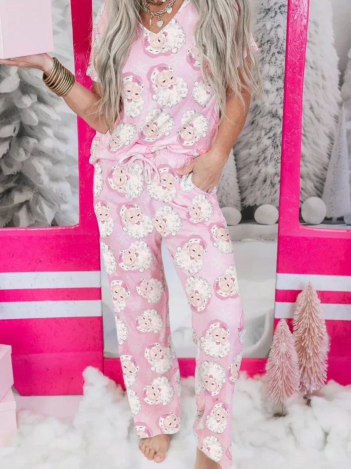Santa Claus Print V Neck Tee Drawstring Pants 2pcs Lounge Set