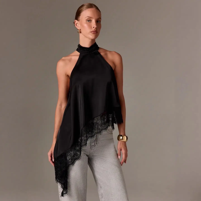 Satin Halter Neck Asymmetrical Top - Greige Goods
