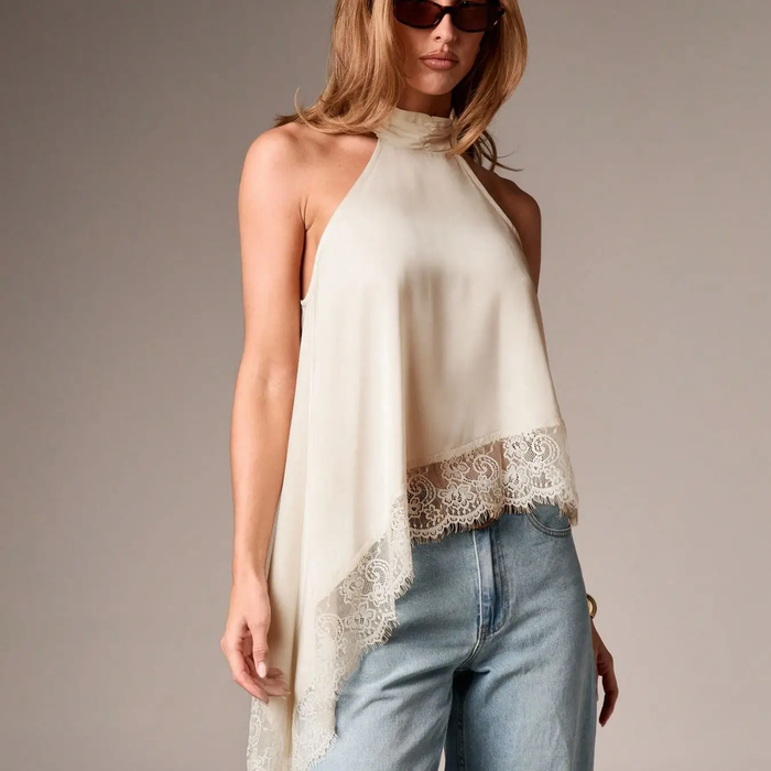 Satin Halter Neck Asymmetrical Top - Greige Goods