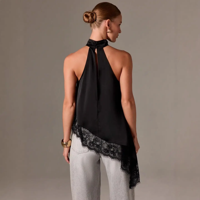 Satin Halter Neck Asymmetrical Top - Greige Goods