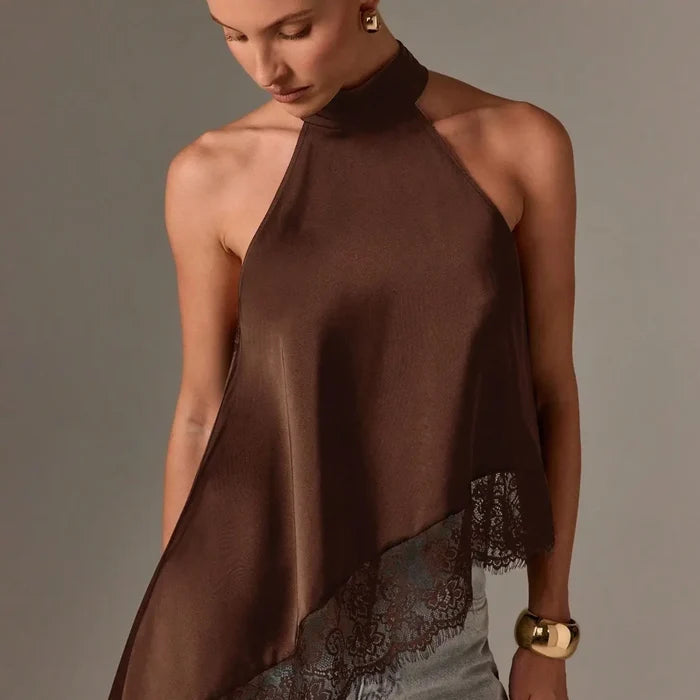 Satin Halter Neck Asymmetrical Top - Greige Goods