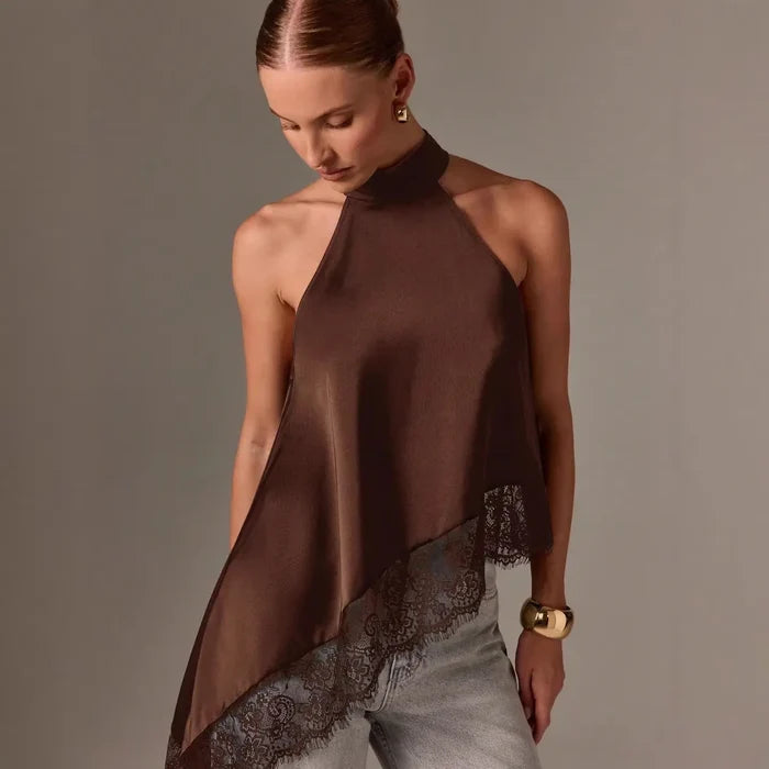 Satin Halter Neck Asymmetrical Top - Greige Goods