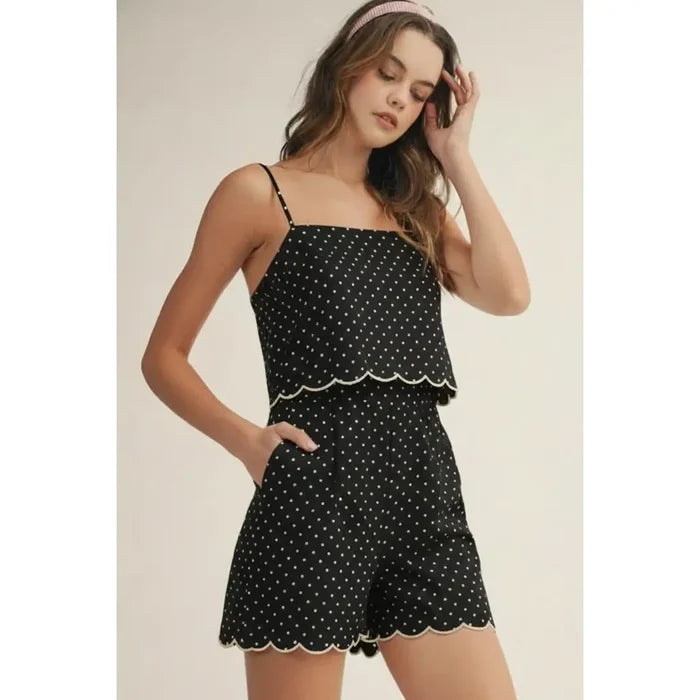 Scallop Trim Embroidered Floral Romper - Greige Goods