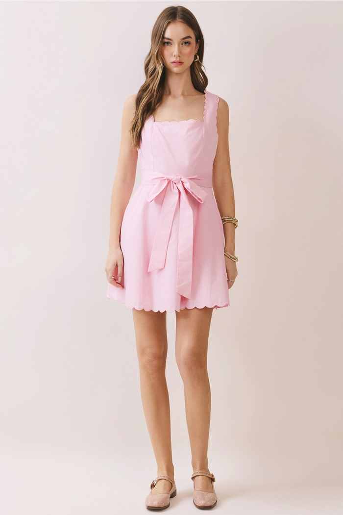 Scalloped Trim Self Tie Mini Dress