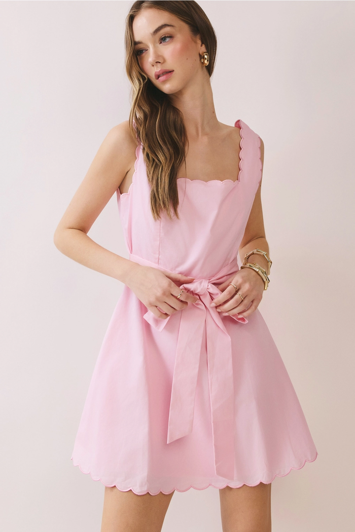 Scalloped Trim Self Tie Mini Dress