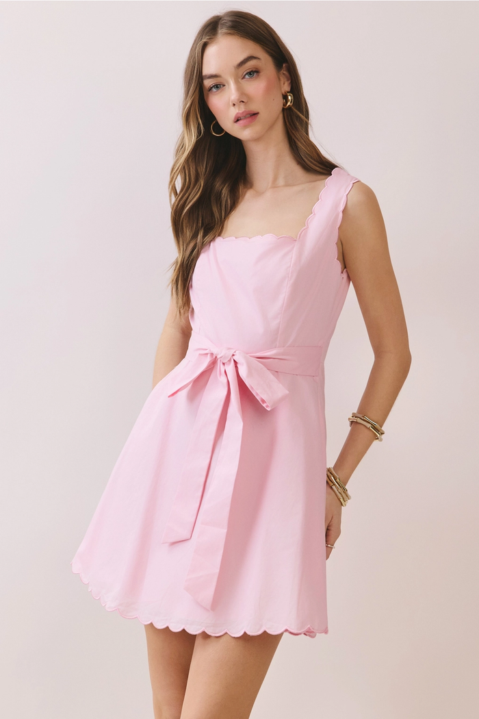 Scalloped Trim Self Tie Mini Dress