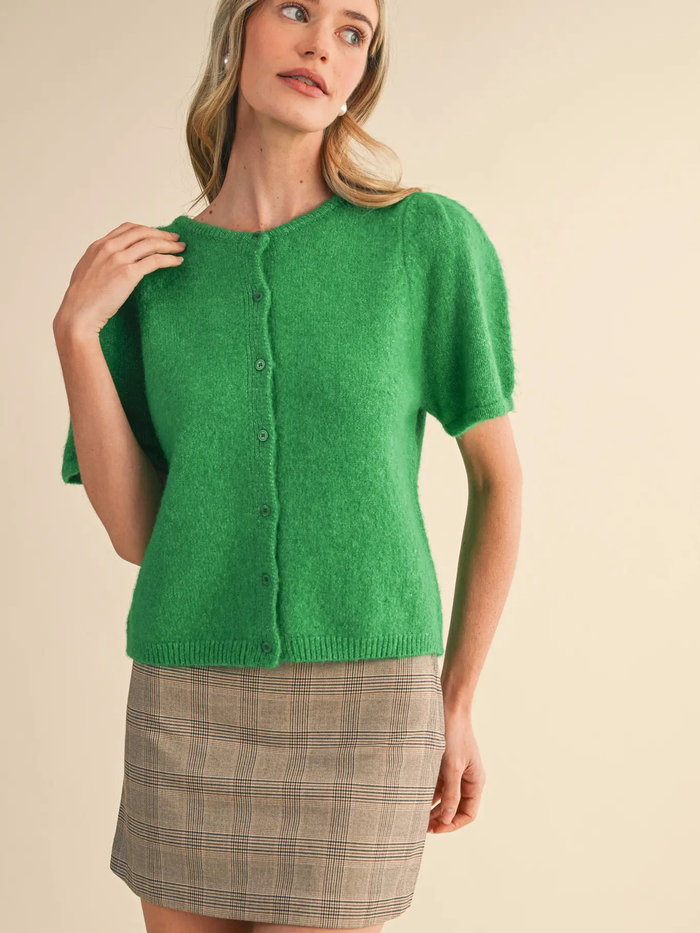 Short Puff Sleeve Sweater Cardigan
