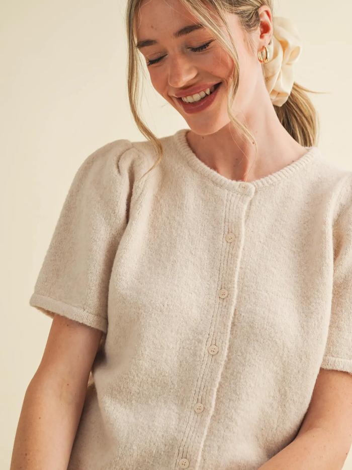 Short Puff Sleeve Sweater Cardigan