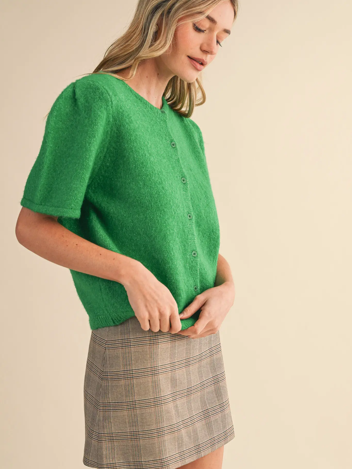 Short Puff Sleeve Sweater Cardigan