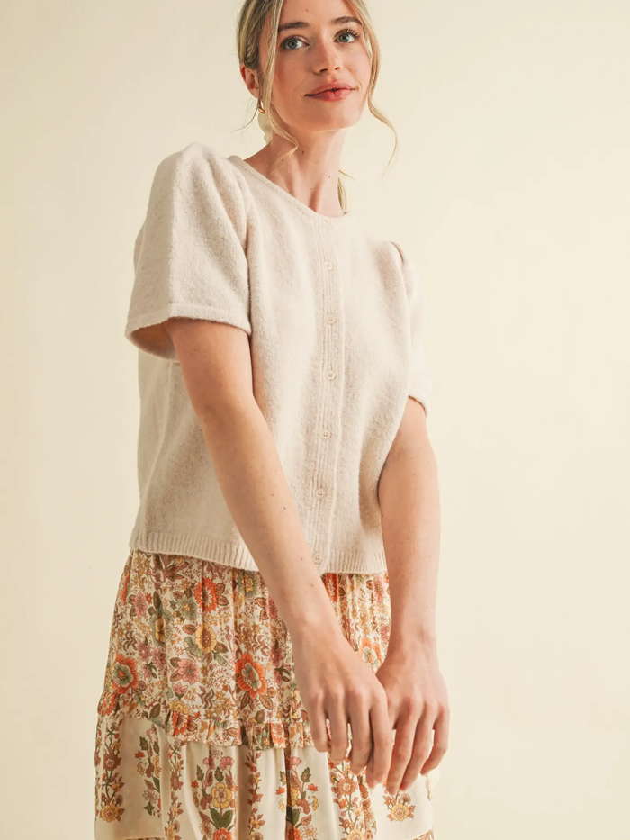 Short Puff Sleeve Sweater Cardigan