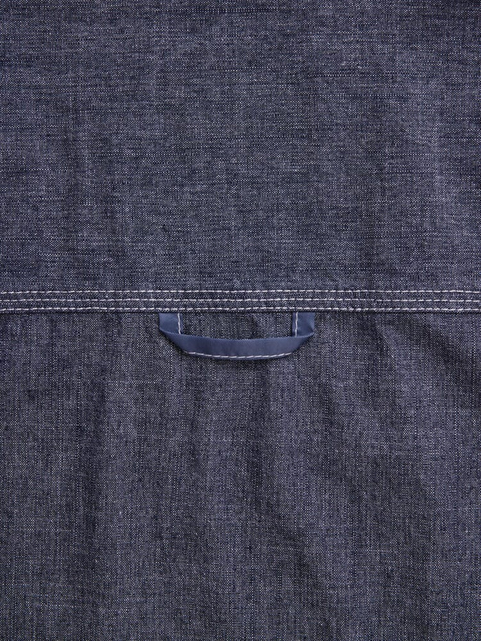 Short Sleeve Multi Pocket Shirt by Alpha Industries, dark denim fabric with horizontal seam and central fabric loop.
