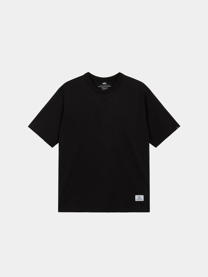 Alpha Industries Short Sleeve Patched Tee, black crewneck t-shirt with short sleeves and white rectangular label near the hem.