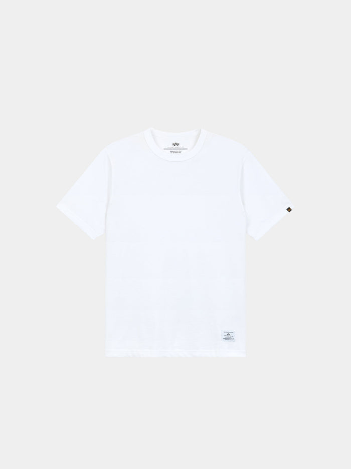 Alpha Industries Short Sleeve Regular Tee in white, cotton fabric, small logo on left sleeve, label by hem.