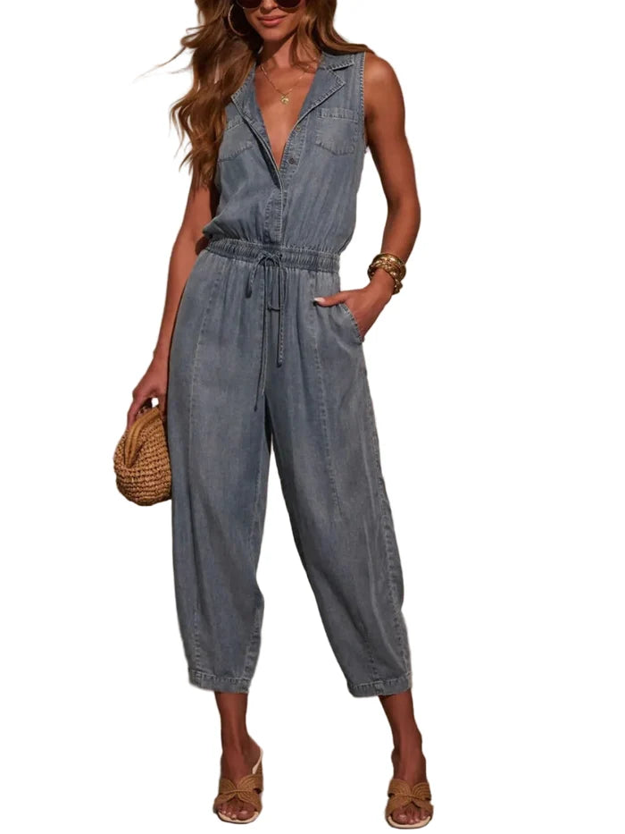 Sleeveless Drawstring Waist Washed Denim Jumpsuit