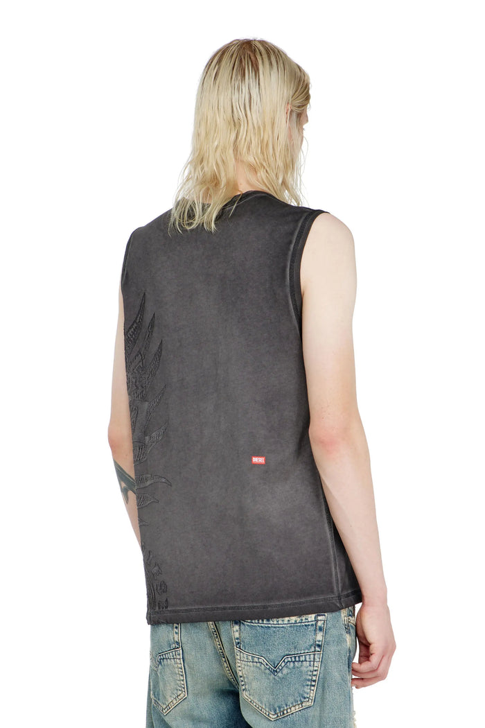 Sleeveless jersey top with embossed graphics