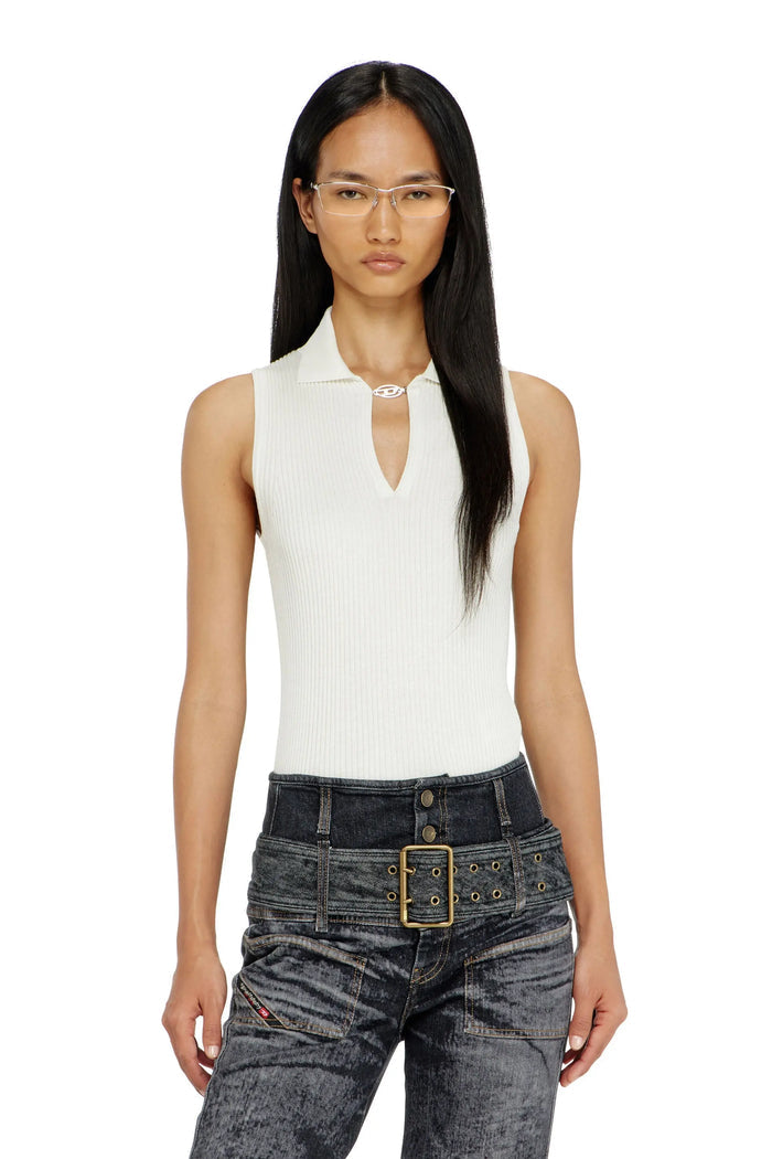 Sleeveless rib-knit polo top in silk blend