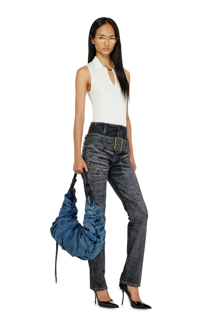 Sleeveless rib-knit polo top in silk blend