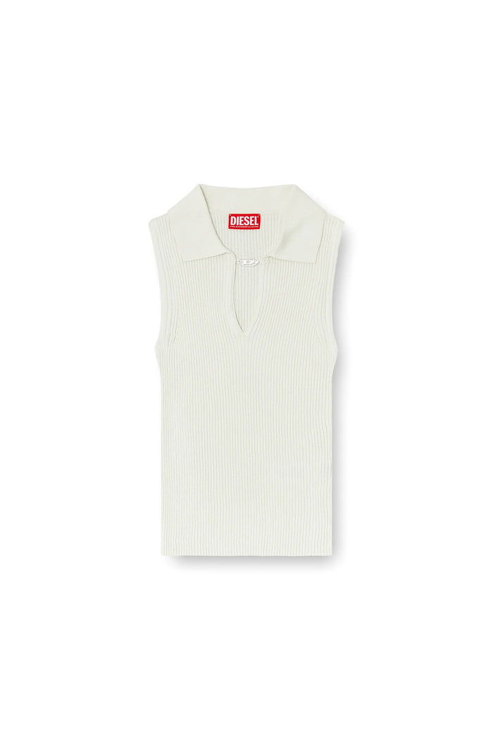 Sleeveless rib-knit polo top in silk blend