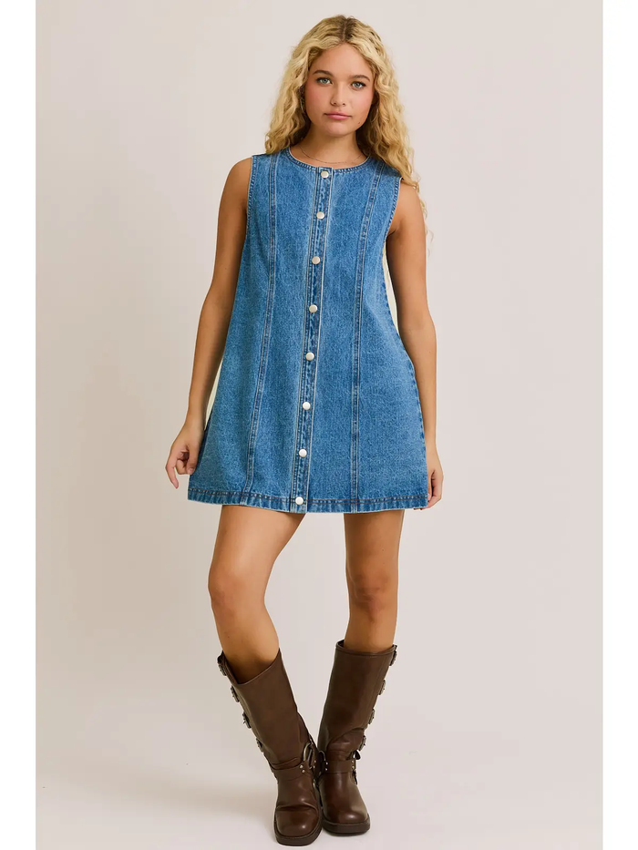 Sleeveless Round Neck Button Down Denim Mini Dress - Greige Goods