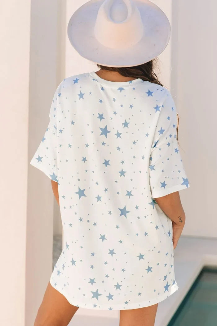 Stars Print Drop Shoulder Oversized T Shirt with Slits