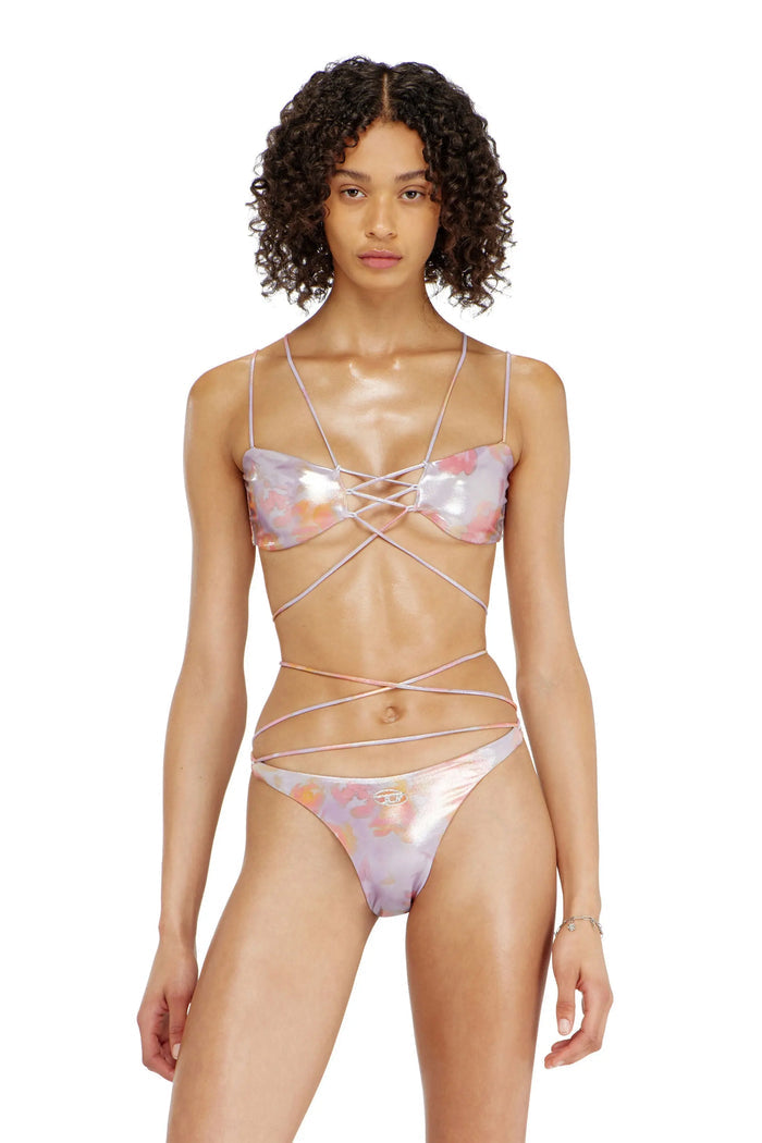 Strappy metallic bikini top with floral print