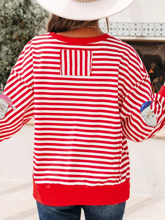 Stripe Sequin Santa Round Neck Raw Seam Detail Christmas Long Sleeve Top