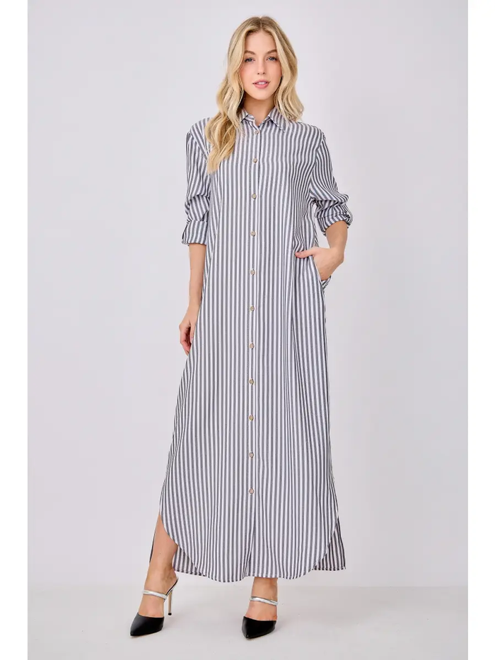 Striped Button Down Shirt Maxi Dress - Greige Goods