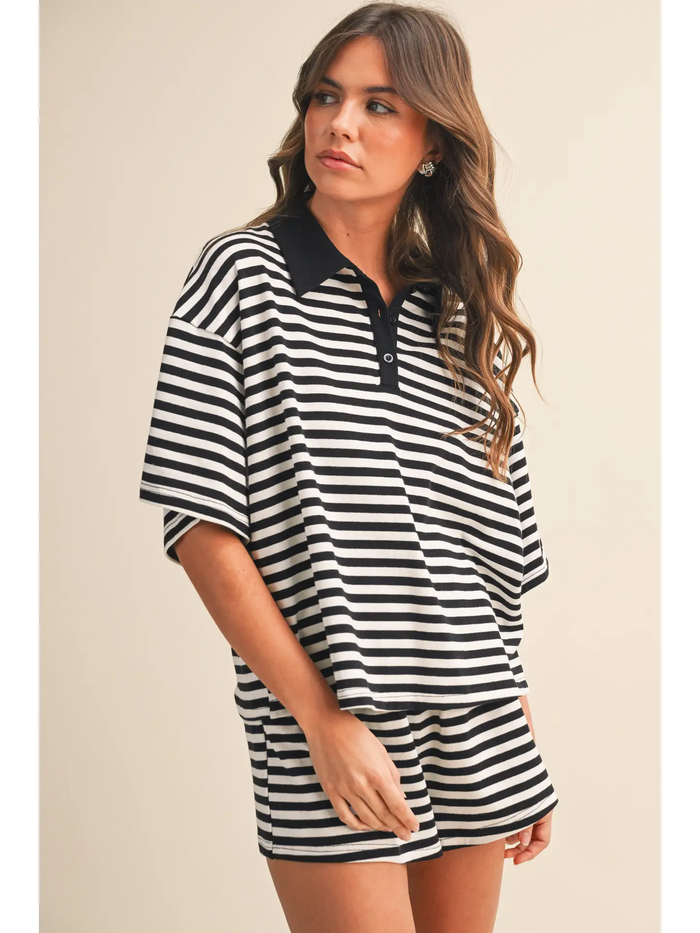 Striped Collared Short Sleeve Top and Shorts Set - Greige Goods