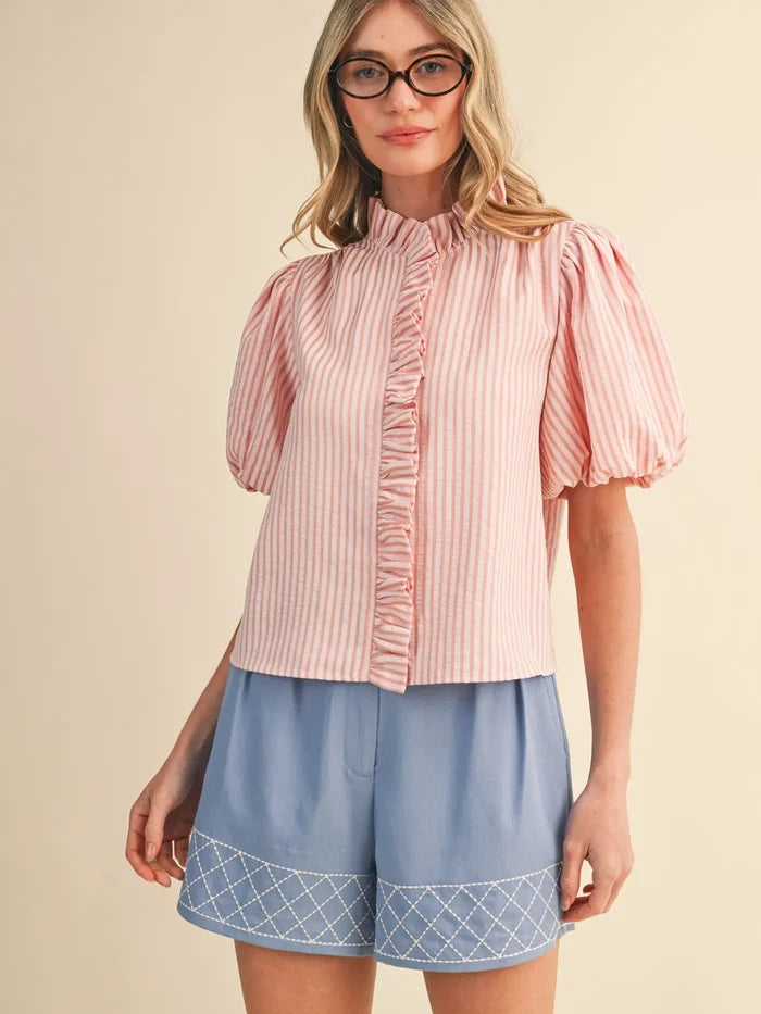Striped Ruffled Blouse - Greige Goods