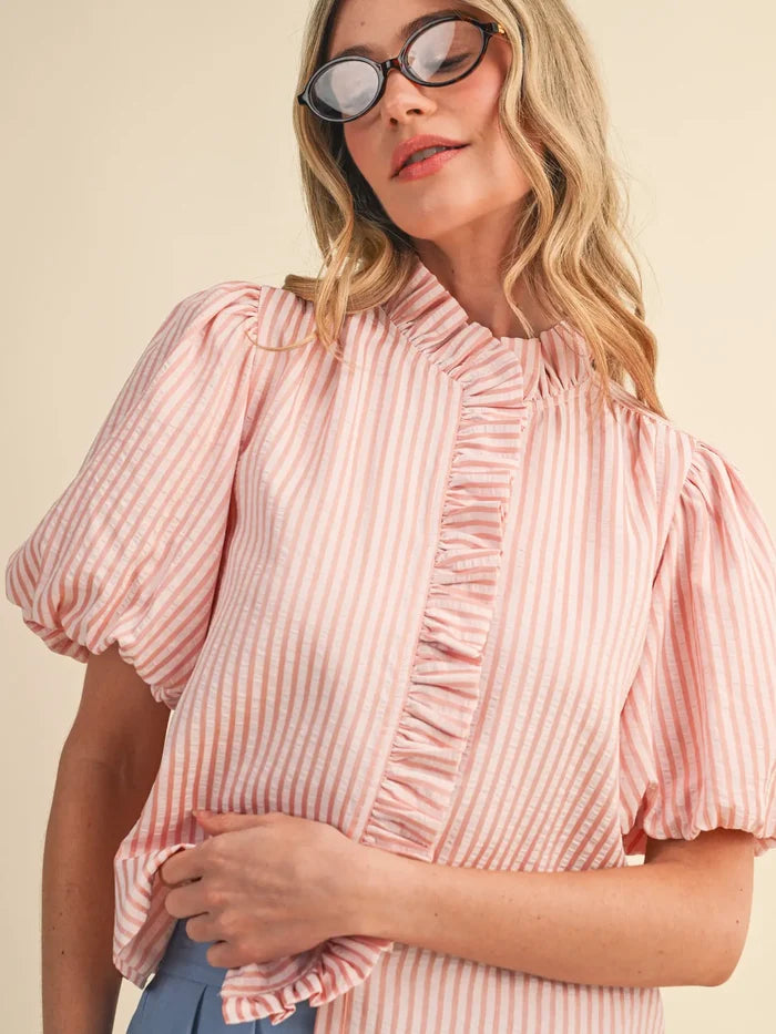 Striped Ruffled Blouse - Greige Goods