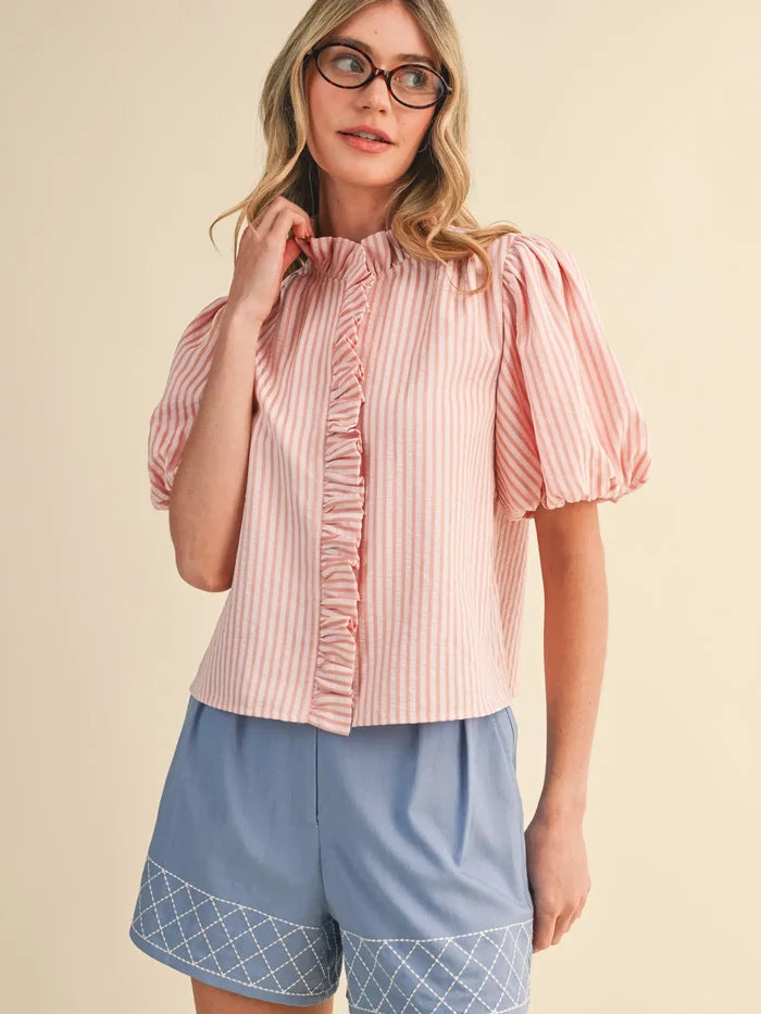 Striped Ruffled Blouse - Greige Goods