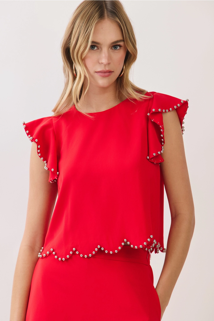 Studded Detail Ruffle Sleeve Top