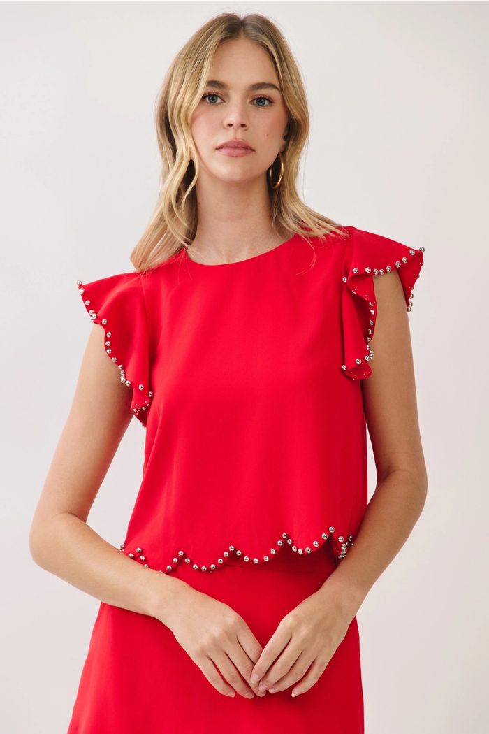 Studded Detail Ruffle Sleeve Top