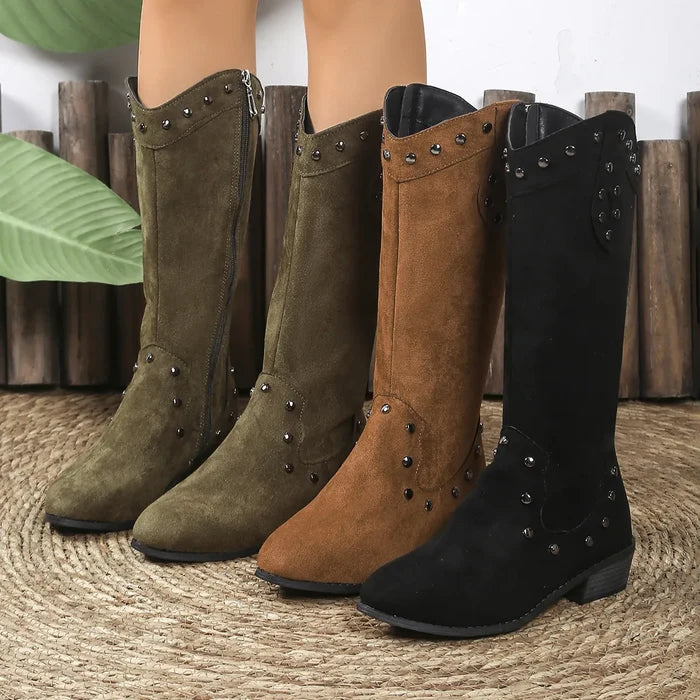 Studded Mid-Calf Boots with Side Zipper Closure