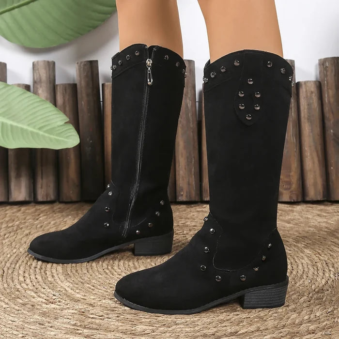 Studded Mid-Calf Boots with Side Zipper Closure