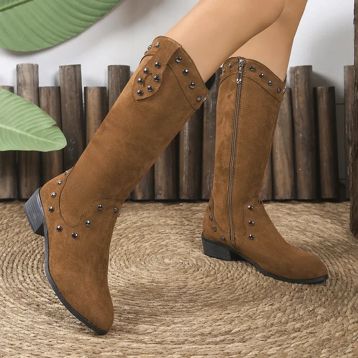 Studded Mid-Calf Boots with Side Zipper Closure
