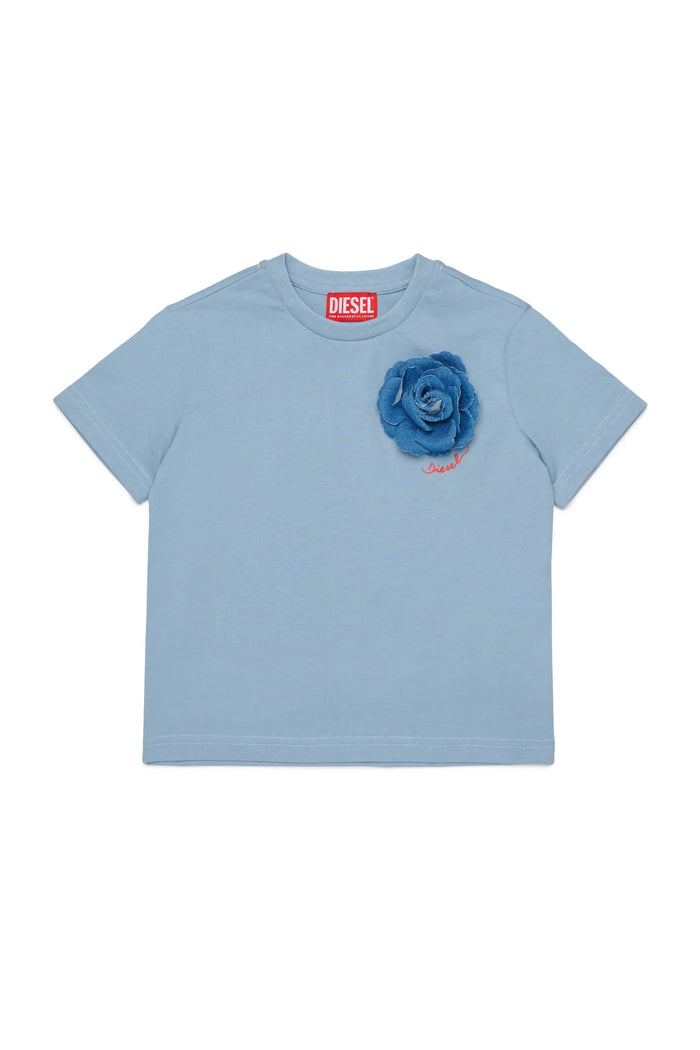 T-shirt with denim rose appliqué