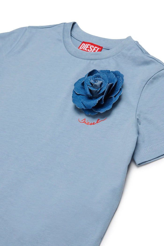 T-shirt with denim rose appliqué