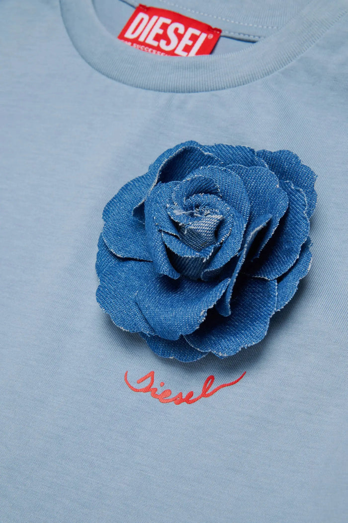 T-shirt with denim rose appliqué